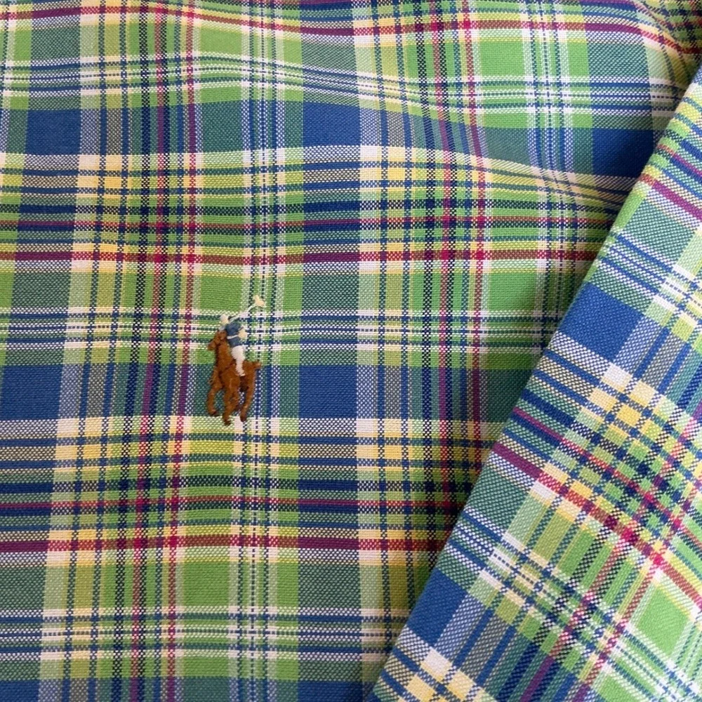 Ralph Lauren Button Down Shirt Mens 2XB Green Blue Plaid Classic Fit Long Sleeve